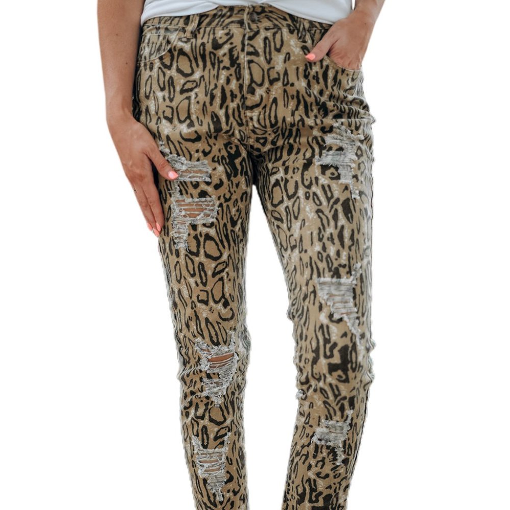 Animal Print High Waist Distressed Skinny Jeans M